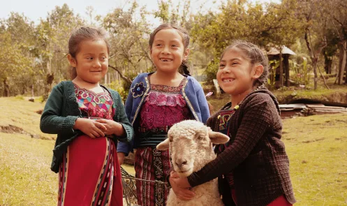 Sisters Jacinta, five, Petrona, seven, and Petrona Maribel, eight, with one of their sheep outside their home in Quiche district, Guatemala