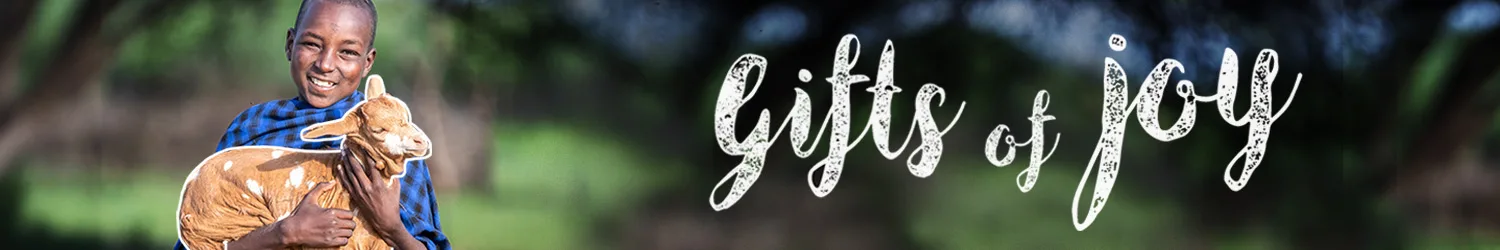 Gifts of Joy banner, showing an image of a boy holding a goat.
